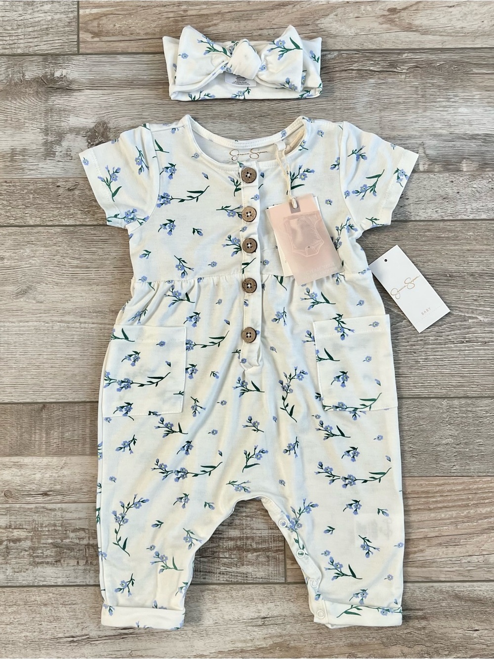NWT Jessica Simpson Ice Blue Floral Coverall and Headband Set Size 3/6 Months